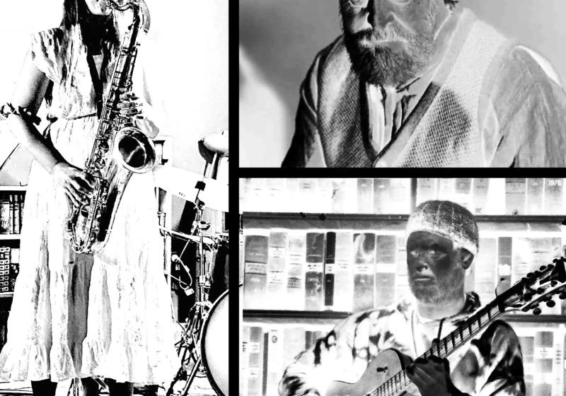 A black and white compilation image of the artists playing
