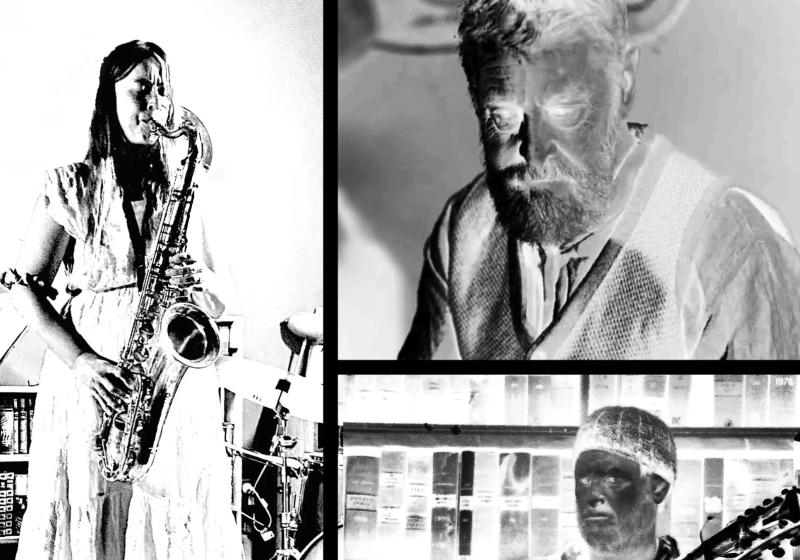 A black and white compilation image of the artists playing