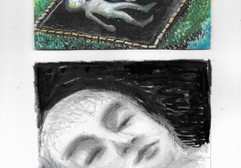 a translucent boy lying in a dark pool