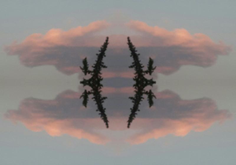 An image with several symetries. There are clouds merging and reflecting, a black abstract shape and a white cross.