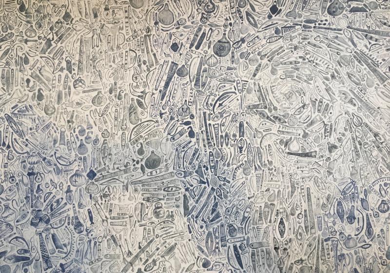 a big drawing of tiny things - hundreds of tiny pūoro mass into texture - all drawn by Ruby