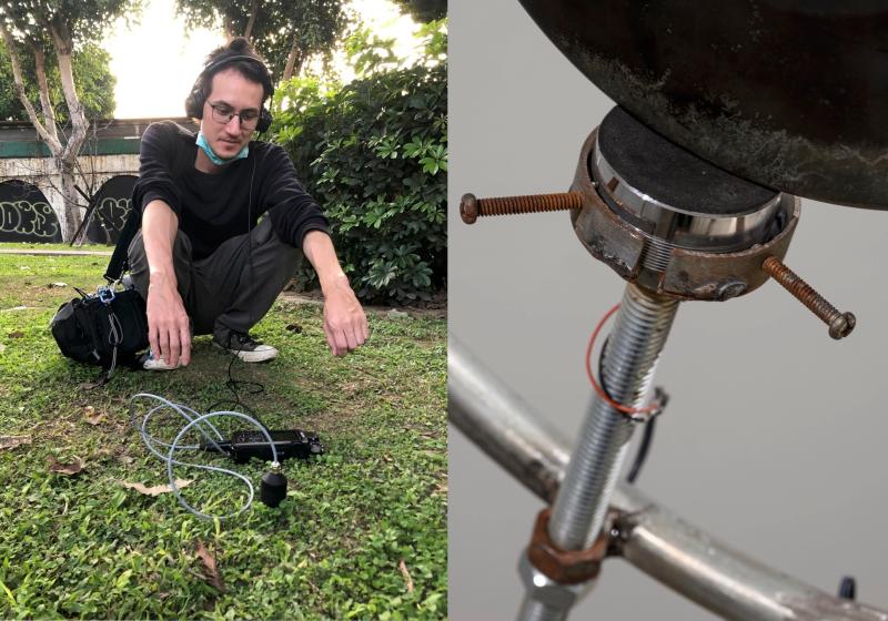 Two photos, one of Immanuel doing some field recordings, and another a close up of metal with a wire attached.