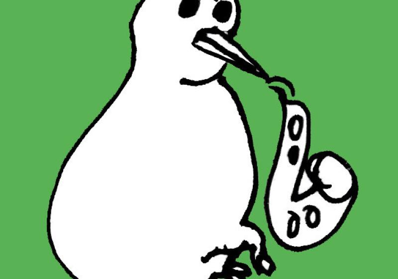 The Kiwijahzz label logo. A cartoon kiwi plays a saxophone, the background is a very bright green