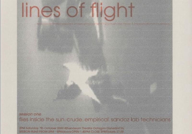 Lines of Flight poster for 2000. A highly blurred indecipherable shape in grey with red text on top.