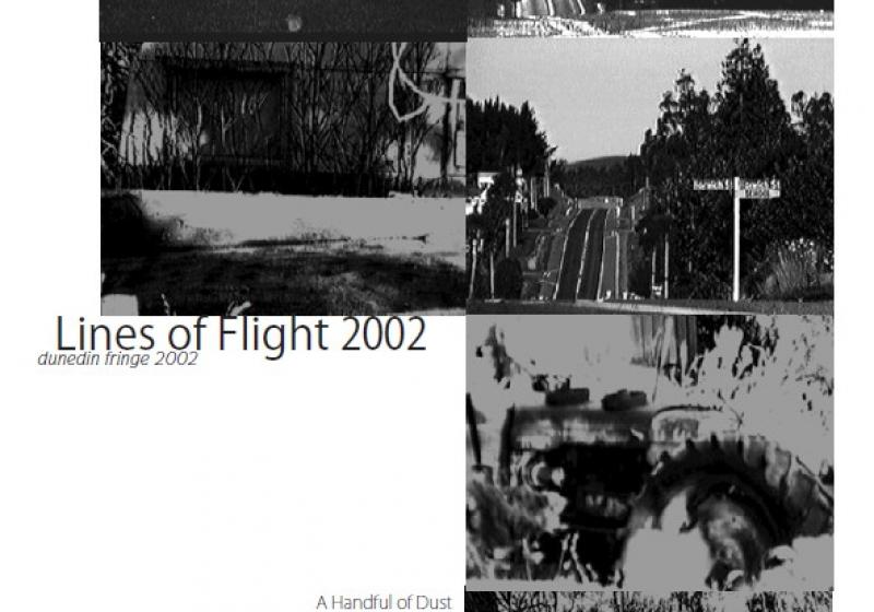 Lines of Flight poster for 2002. Six black and white photos of rural roads. Text of the artists names.