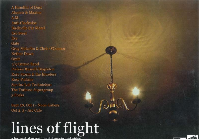 Lines of Flight poster for 2004. A two bulb chandelier casts a yellow glow on a ceiling.
