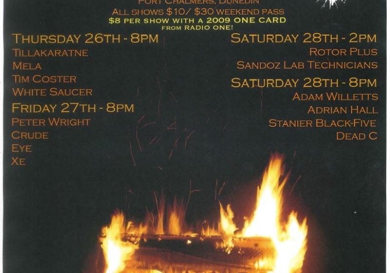 Lines of Flight poster for 2009. A photo of a burning piano. It is engulfed in flames and the shape of the piano is only just seen as dark bones hiding in the firece orange.
