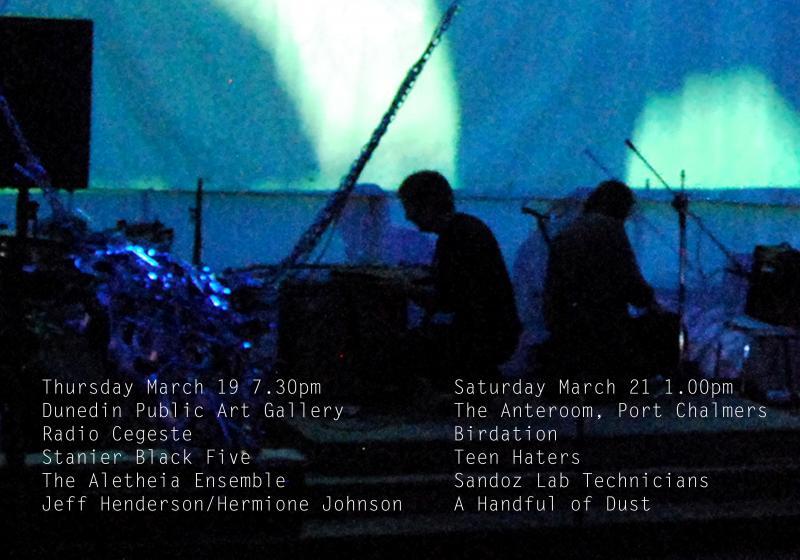 Lines of Flight poster for 2015. A photo of a performance. There are drums off to one side, and two people are on there knees perhoas creating feedback.