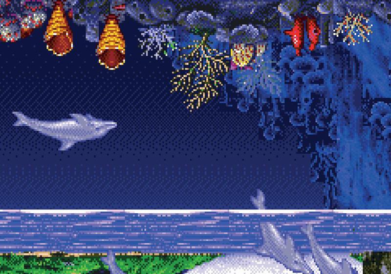 An upsidedown 8bit image of the sea. There are dolphins under water and dolphins leaping out in the air. There are corals and shells. It is fantastic