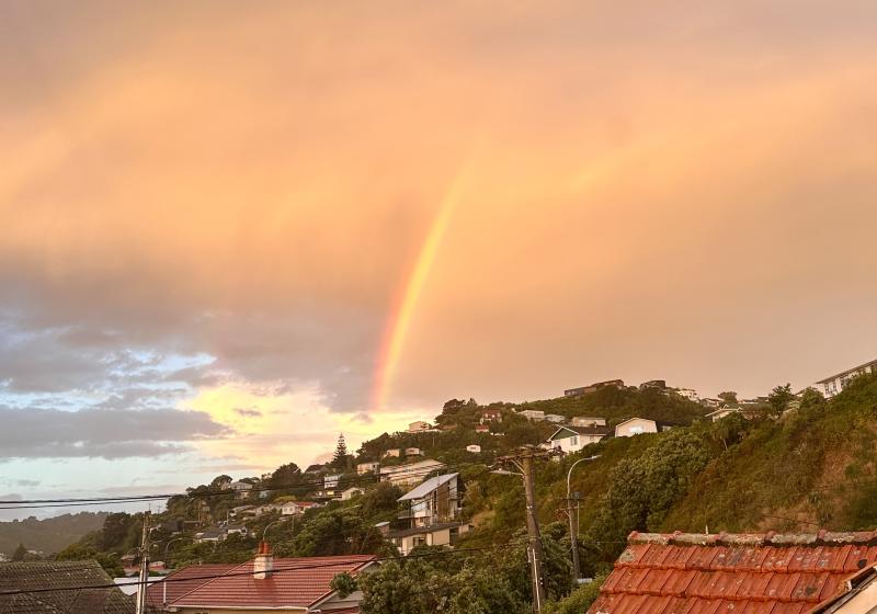An actual rainbow at sunset over the suburb of Miramar