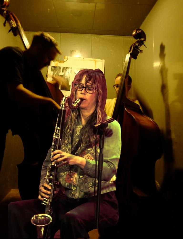 bridget playing saxophone superimposed over a photo of the two bassists.