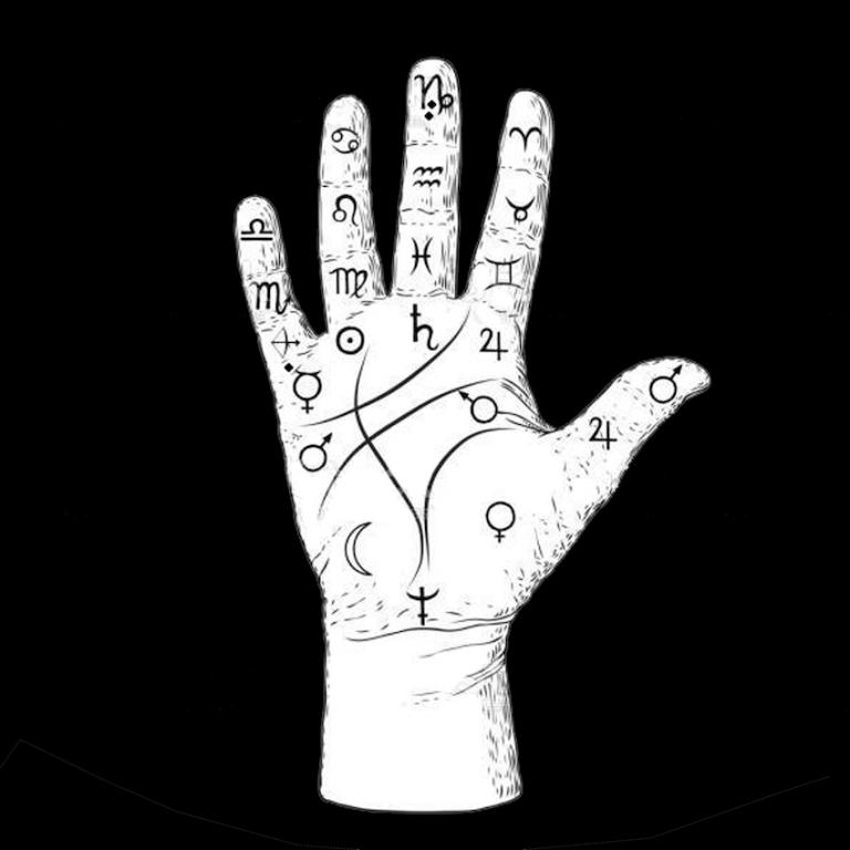 a drawing of the palm of a hand covered in esoteric symbols
