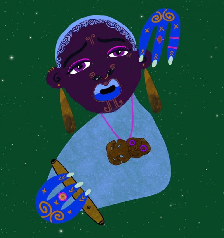 Pūoro Tū: a cartoon of a musician holding a kōauau