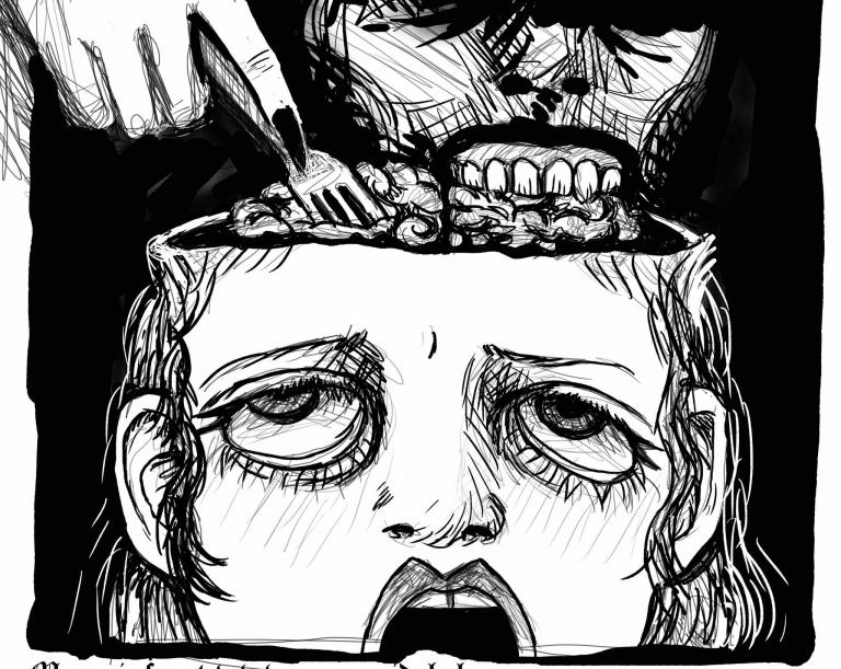 a pen drawing of someone eating the brains out of a head with the top half missing