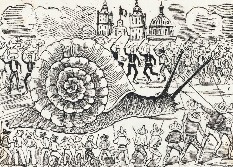 a pen and ink drawing of a giant snail being attacked and tied down by angry townsfolk.