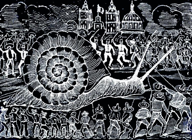 a pen and ink drawing of a giant snail being attacked and tied down by angry townsfolk.