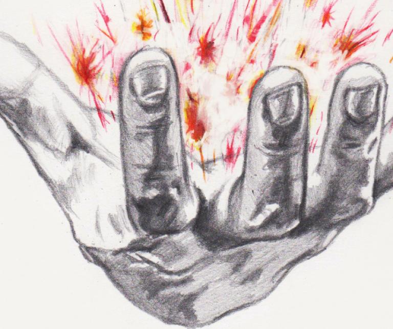 a pencil drawing of an open hand holding sparks and sparkles of red and yellow