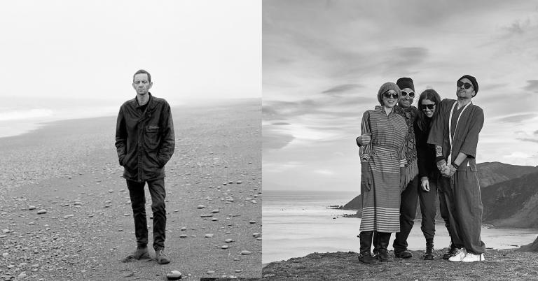 two black and white photos side by side, on the left, Roy Montgomery stands on the beach looking out onto the sea. On the right, Orchestra of Spheres members stand on the beach, hugging and smiling. 