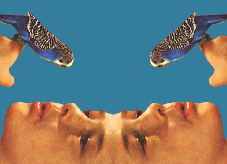 A vintage image of a woman holding and whistling to a bird appears is mirrored in a symmetrical design