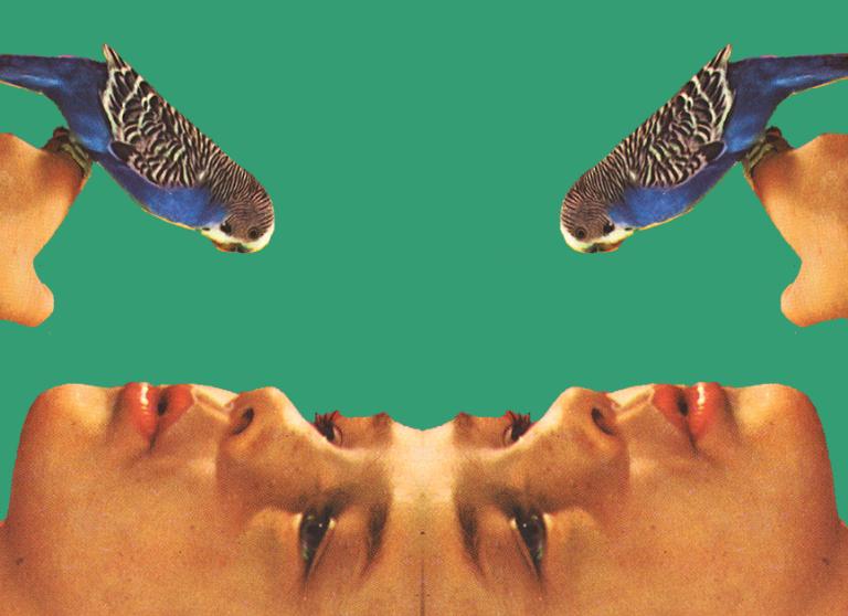 A vintage image of a woman holding and whistling to a bird appears is mirrored in a symmetrical design