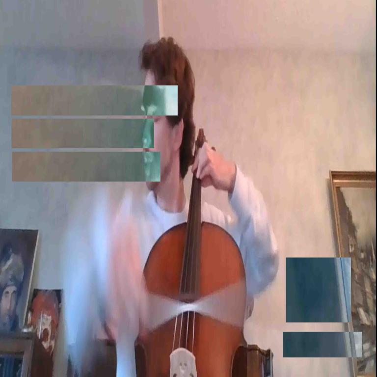 A pixelated photo of Nicholas Denton Protsack playing cello on Zoom