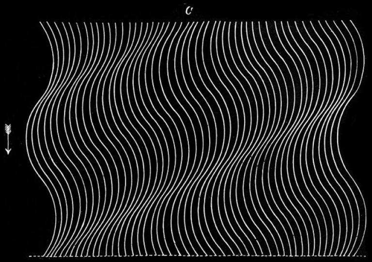 a white line-drawing of waves appears on a black background. Arrows and single letters decorate the outside edges