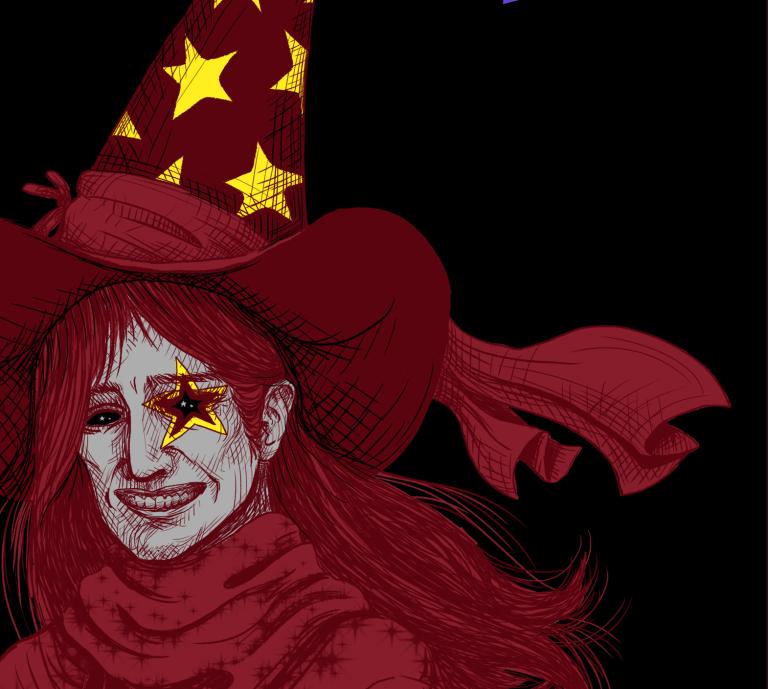A red wizard person grins with red hair, a red hat with gold star and moon pattern and a red wizard cloak