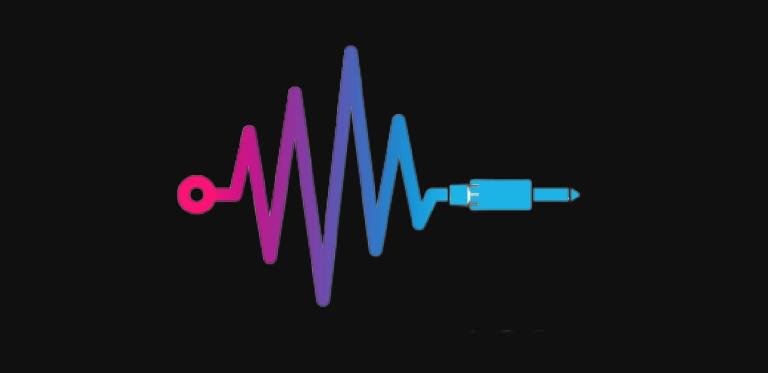 a sound-wave shaped line ends in a guitar jack, the line is filled with a colour gradient moving from pink to blue