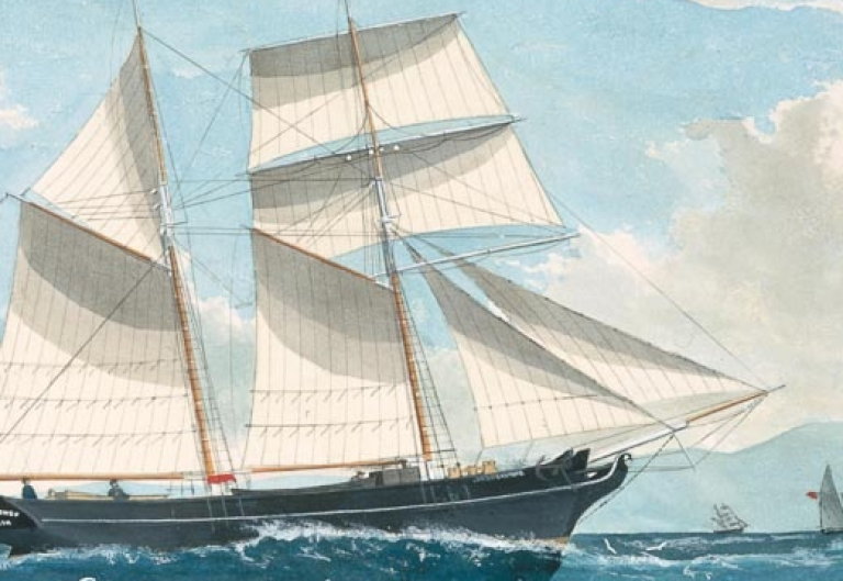 A victorian illustration of a ship sailing the seas with other ships in the distance. 