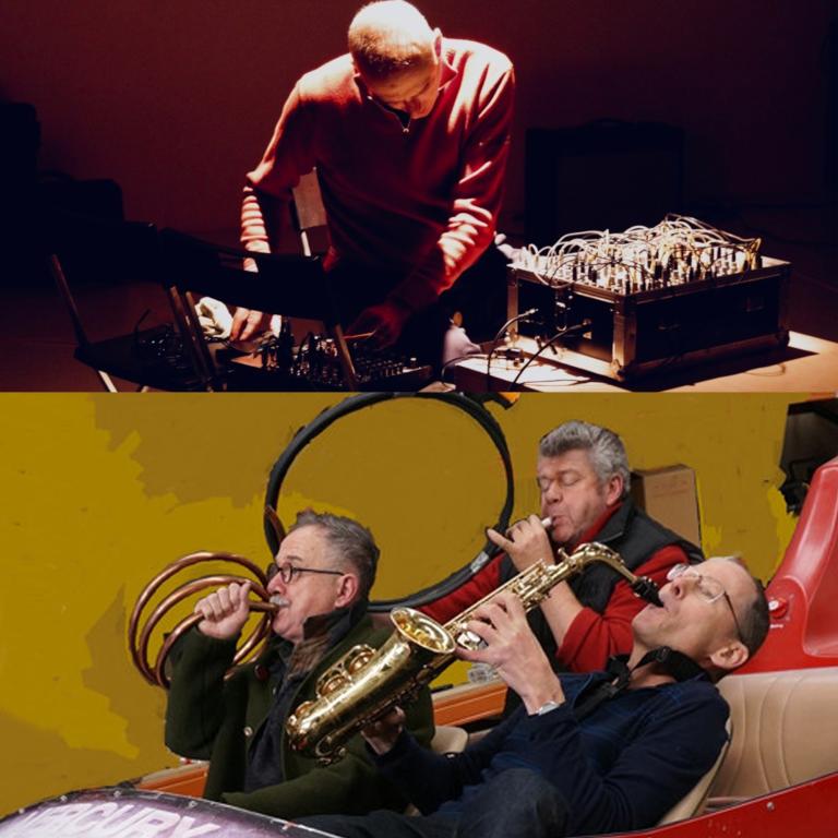 the image is split into two photos. The first photo on the top is of a performer hunched over a modular synthesiser with dramatic overhead lighting. the performer is deeply focused and their stance is intense. The second photo below features three performers. The performer closest to the camera is leaned back extremely far in their seat, apparently whaling away on an alto saxophone solo. Behind him the two other performers play invented wind instruments of thin long wound up metal pipe.