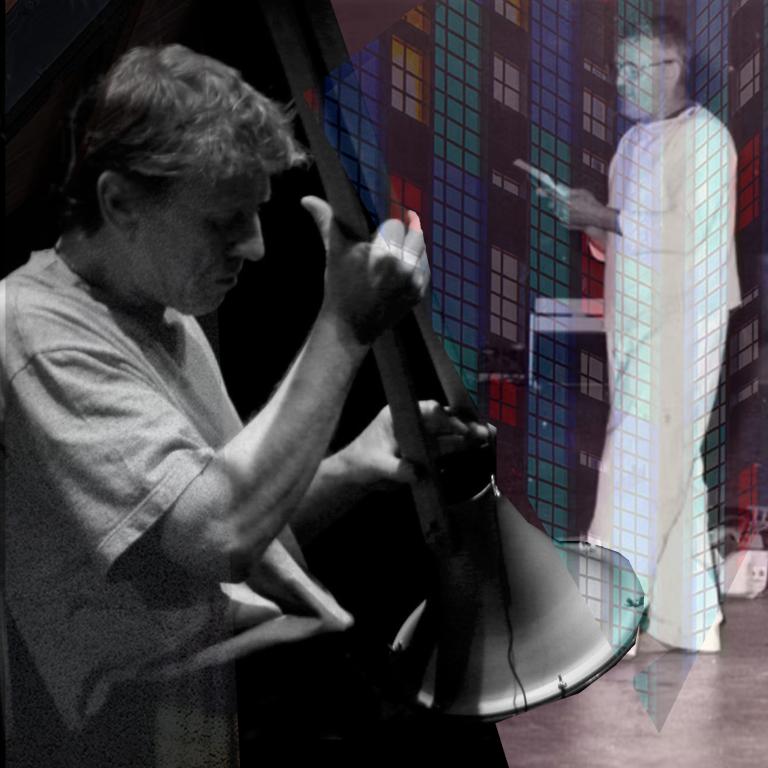 Three images superimposed together. On the left, Phil Dadson appears, performing with one of his own invented instruments. In the middle, the stained glass work from Futuna Chapel of Jim Allen, Phil Dadson's teacher, appears. On the right, Jim Allen appears performing a performance art piece of his. 