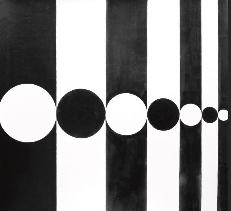 A pattern of increasingly narrow vertical stripes alternating black in white. In the center of these stripes are ovals which also alternate black and white and get smaller the narrower the stipe.