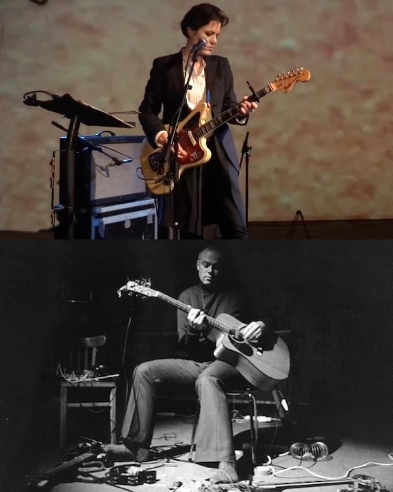 Two images. Top: Gemma Thompson performing with an electric guitar. Bottom: B&W Image of Greg Malcolm performing with an acoustic guitar