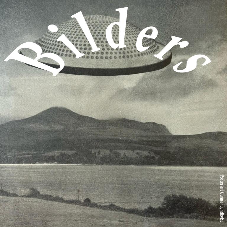 A UFO flying above a beach landscape with the text 'Bilders'
