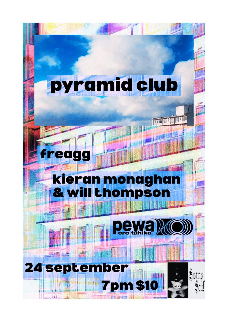 Colourful layers of square images are layed ontop of eachother, shelves of books and clouds with text overtop