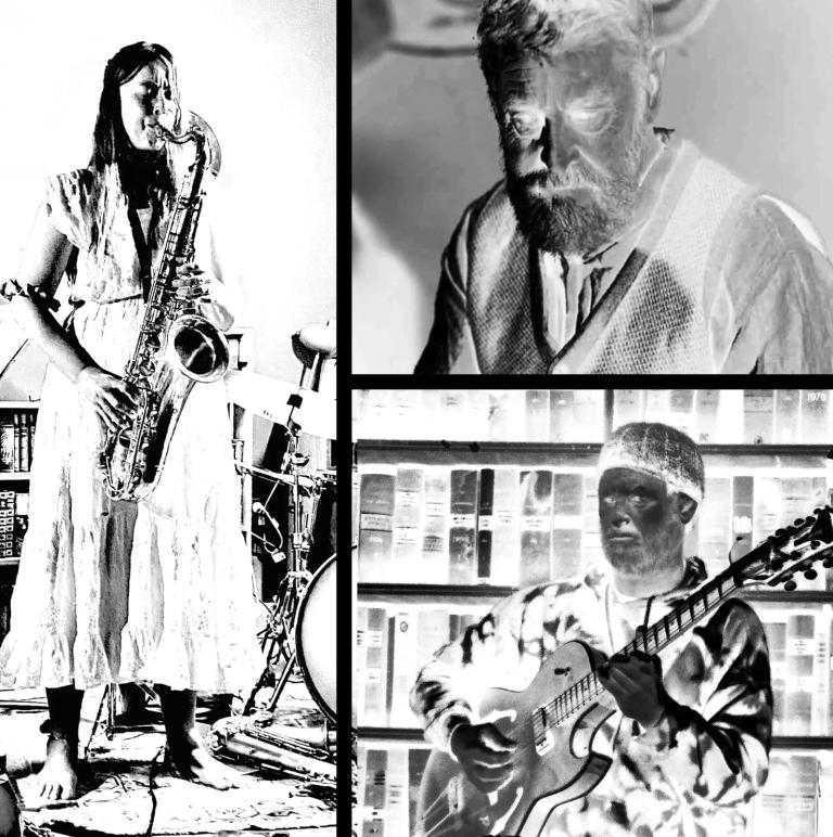 A black and white compilation image of the artists playing