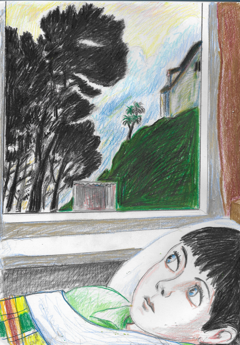 Gerard, as a boy, in bed looking at the view of trees
