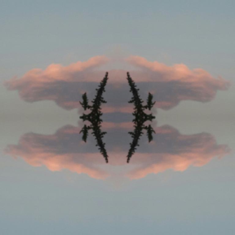 An image with several symetries. There are clouds merging and reflecting, a black abstract shape and a white cross.