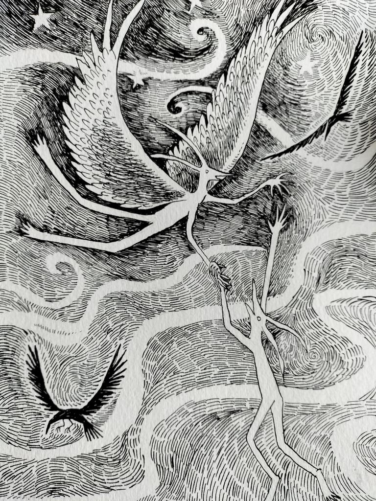 Two characters cascade in swirling space. there are two black birds swooping around them. One character has angel wings and is holding the hand of a wingless one who is falling. They have long faces and gentle horns. Their bodies are lithe and lean. This is a pen and ink drawing.