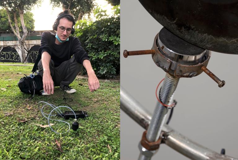 Two photos, one of Immanuel doing some field recordings, and another a close up of metal with a wire attached.