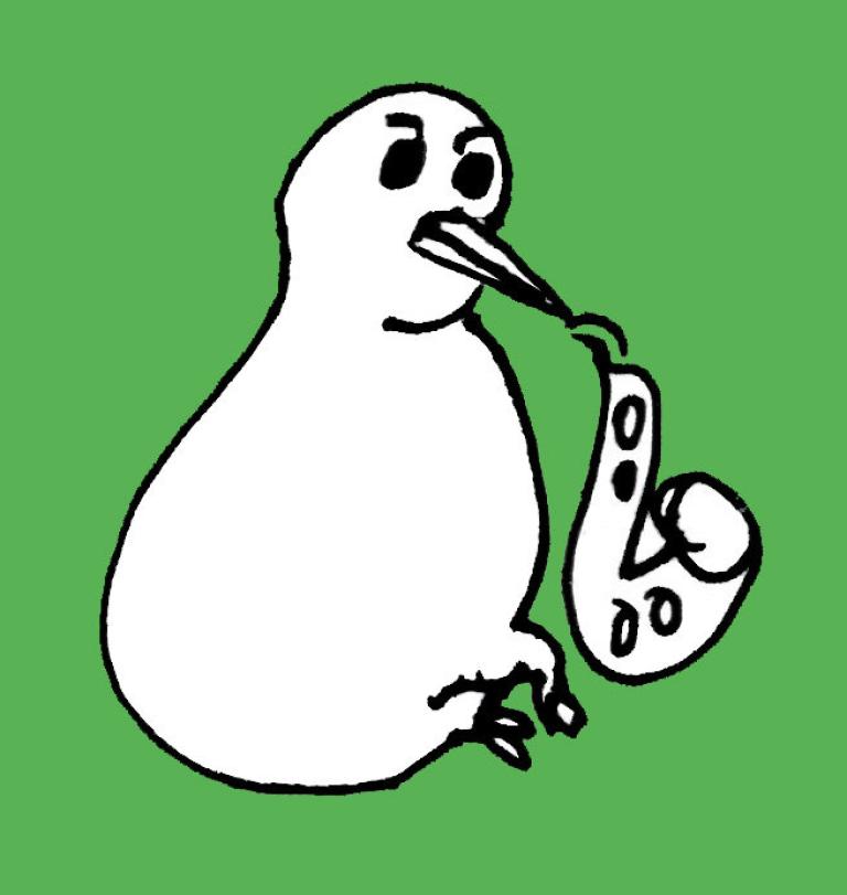 The Kiwijahzz label logo. A cartoon kiwi plays a saxophone, the background is a very bright green