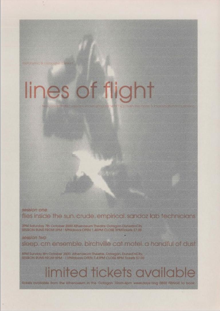 Lines of Flight poster for 2000. A highly blurred indecipherable shape in grey with red text on top.