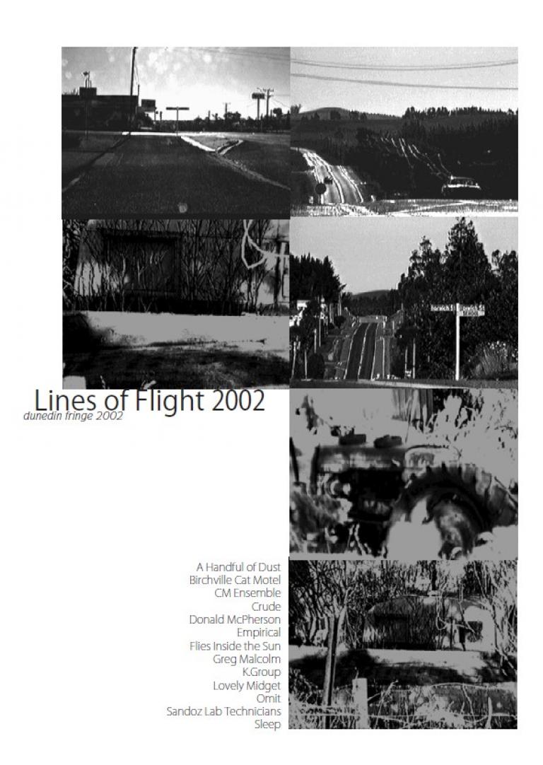 Lines of Flight poster for 2002. Six black and white photos of rural roads. Text of the artists names.