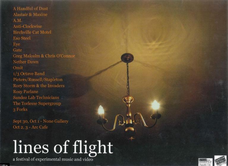 Lines of Flight poster for 2004. A two bulb chandelier casts a yellow glow on a ceiling.