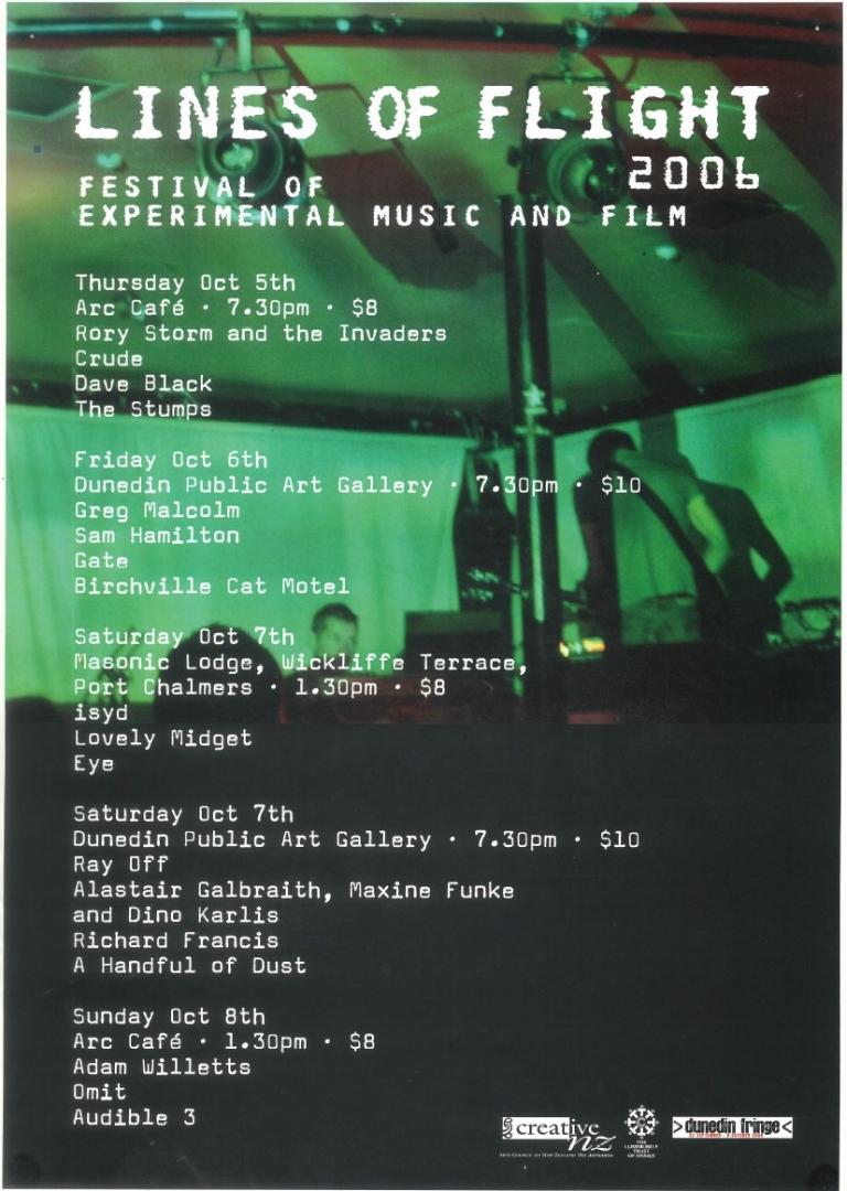 Lines of Flight poster for 2006. A band plays under a green light. The text has a computer style font.