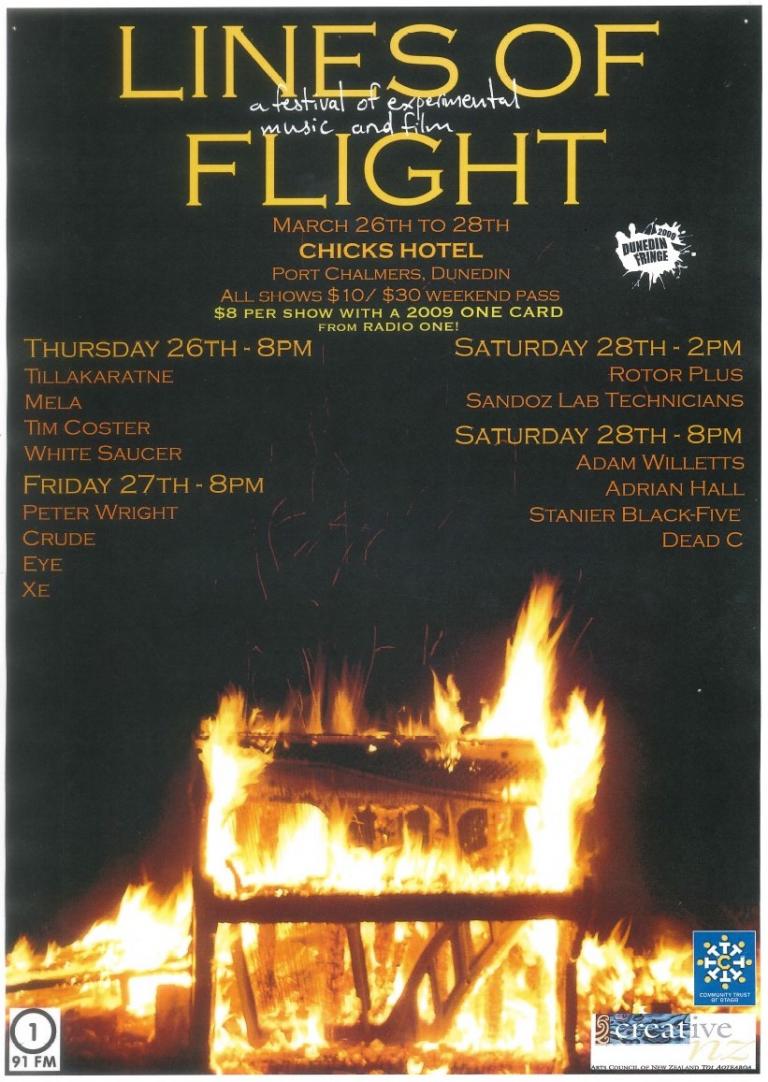 Lines of Flight poster for 2009. A photo of a burning piano. It is engulfed in flames and the shape of the piano is only just seen as dark bones hiding in the firece orange.