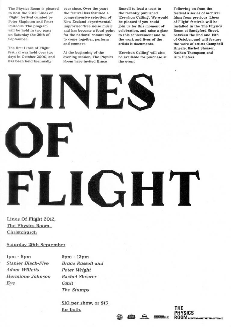 Lines of Flight poster for 2012. A white poster with black text. There is no image. The text gives a brief history of the fetsival, and invites people to celebrate the publishing of 'Erehwon Calling'.