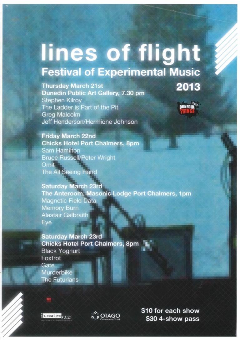 Lines of Flight poster for 2013. A heavily pixelated photo of an amp and mic with a scene projected. The scene is of a snowy landscape with dark trees.