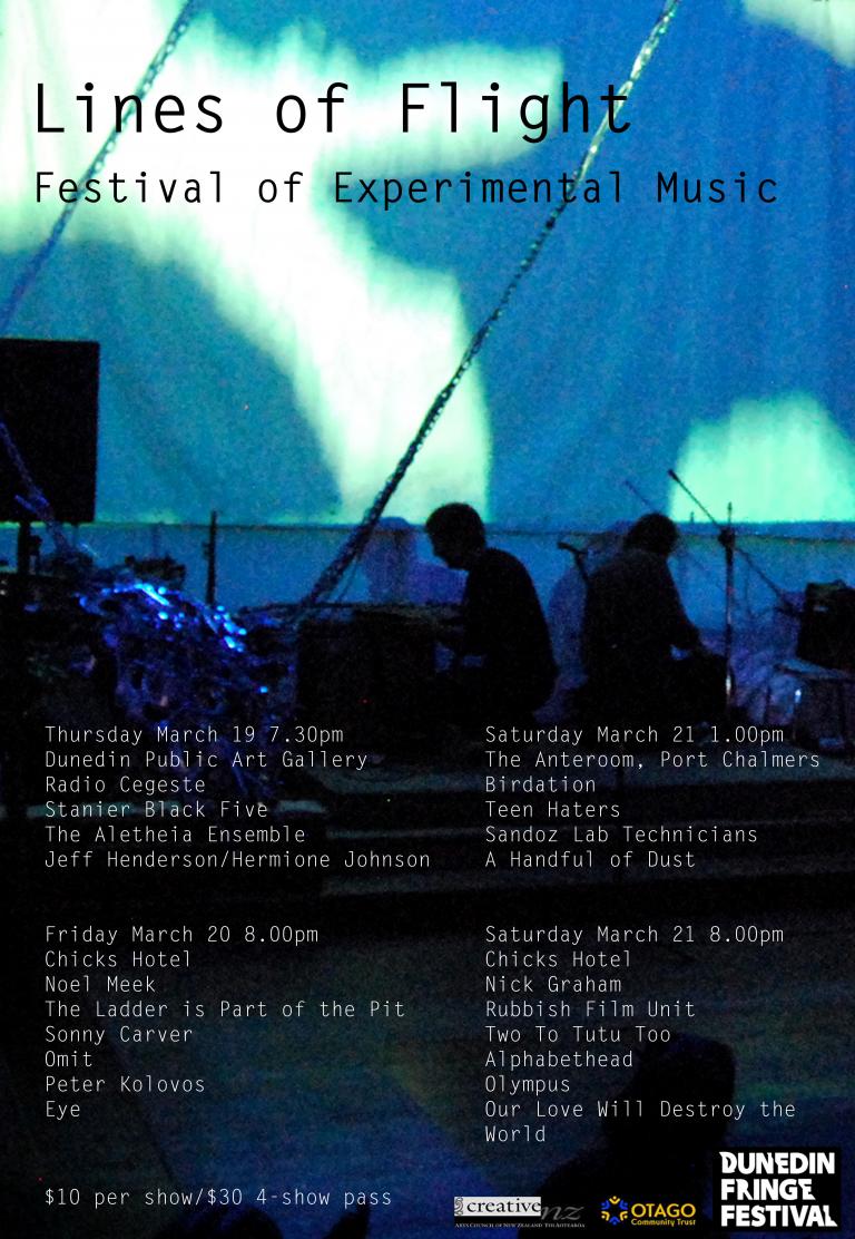 Lines of Flight poster for 2015. A photo of a performance. There are drums off to one side, and two people are on there knees perhoas creating feedback.