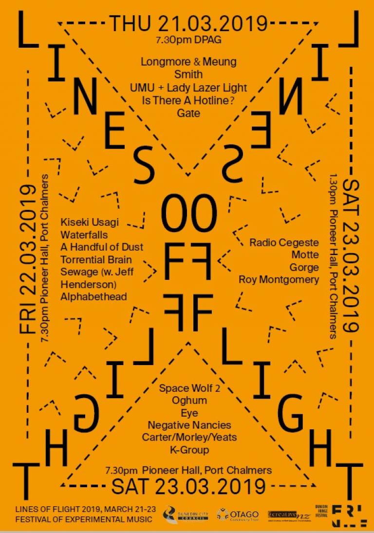 Lines of Flight poster for 2019. A yellow orange poster. The design is all made from black text and punctuation marks to create and almost mandala effect.